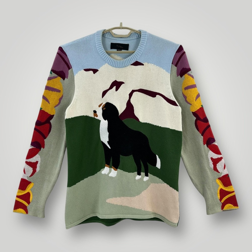 Linder Kirk Dog Sweater Mens Small Intarsia Knit Crewneck 2019 Collection Cotton